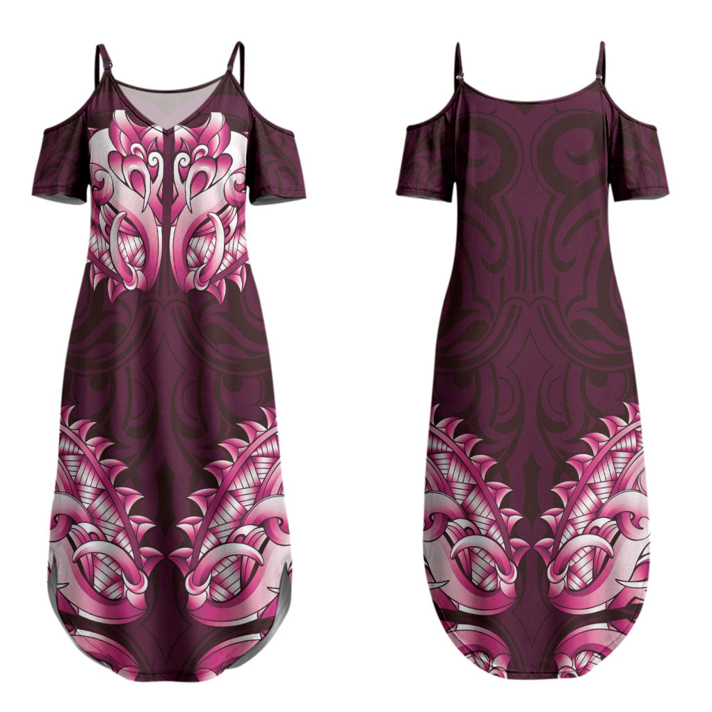 New Zealand Ta Moko Couples Matching Summer Maxi Dress and Hawaiian Shirt Aotearoa Maori Chest Tattoo Pink LT14 - Polynesian Pride