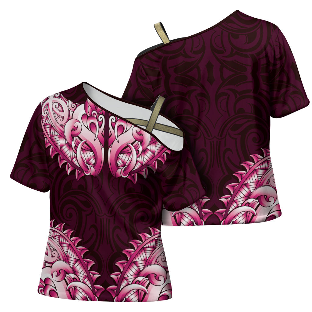 New Zealand Ta Moko Cross Shoulder Shirt Aotearoa Maori Chest Tattoo Pink LT14 - Polynesian Pride