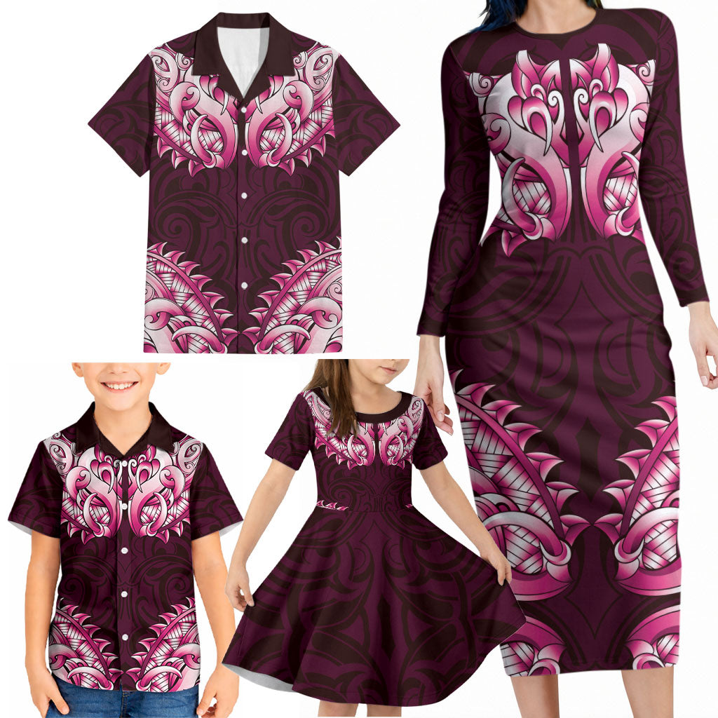 New Zealand Ta Moko Family Matching Long Sleeve Bodycon Dress and Hawaiian Shirt Aotearoa Maori Chest Tattoo Pink LT14 - Polynesian Pride