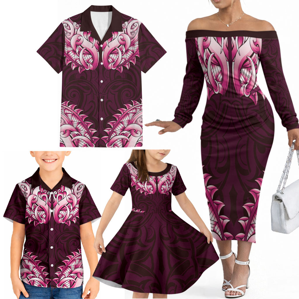 New Zealand Ta Moko Family Matching Off The Shoulder Long Sleeve Dress and Hawaiian Shirt Aotearoa Maori Chest Tattoo Pink LT14 - Polynesian Pride