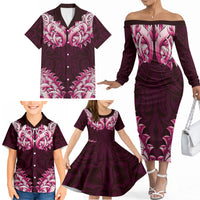 New Zealand Ta Moko Family Matching Off The Shoulder Long Sleeve Dress and Hawaiian Shirt Aotearoa Maori Chest Tattoo Pink LT14 - Polynesian Pride