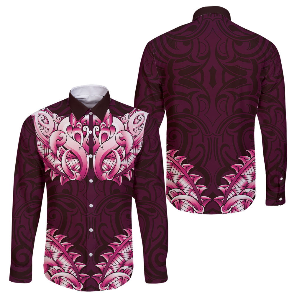 New Zealand Ta Moko Family Matching Off Shoulder Short Dress and Hawaiian Shirt Aotearoa Maori Chest Tattoo Pink LT14 Dad's Shirt - Long Sleeve Pink - Polynesian Pride