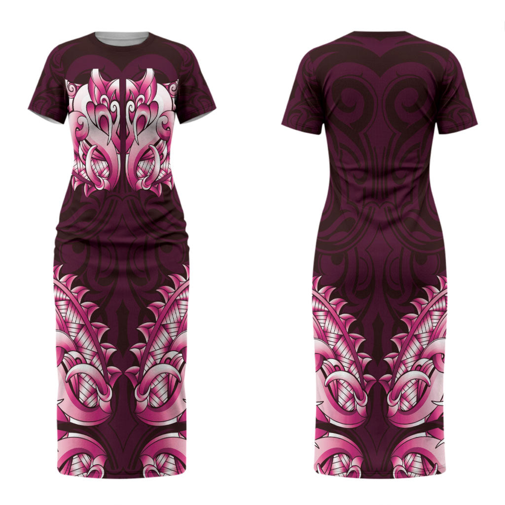 New Zealand Ta Moko Family Matching Short Sleeve Bodycon Dress and Hawaiian Shirt Aotearoa Maori Chest Tattoo Pink LT14 Mom's Dress Pink - Polynesian Pride