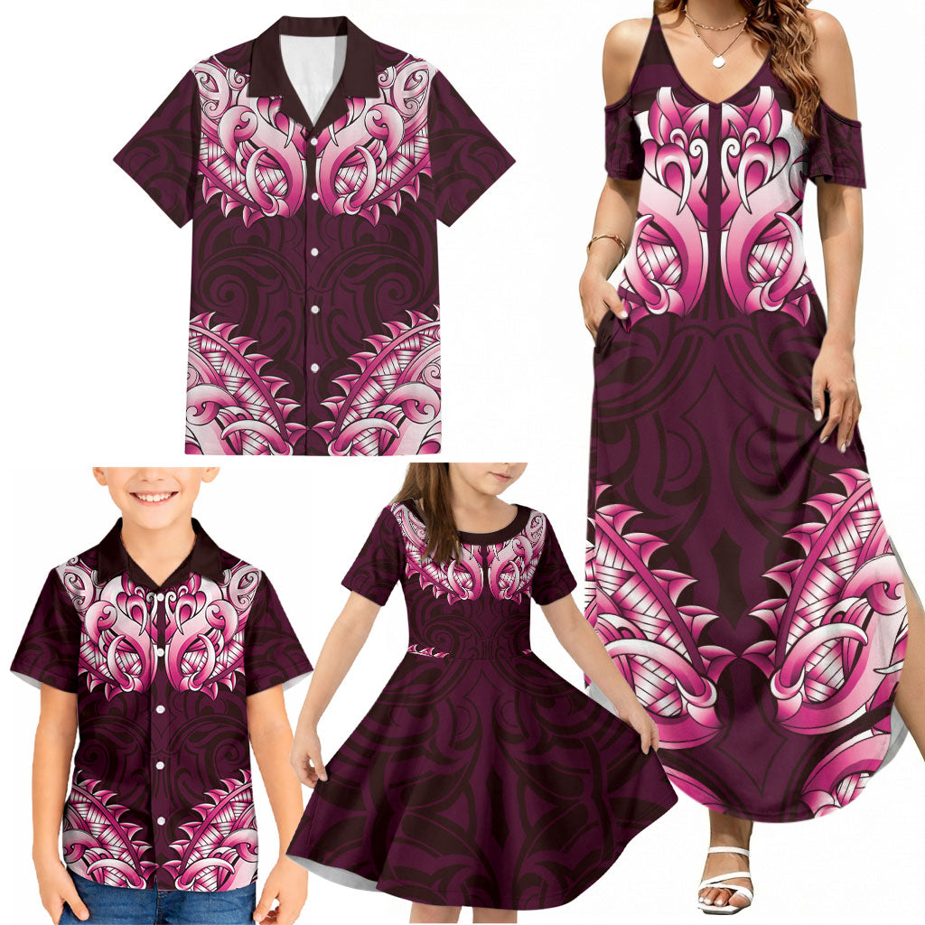 New Zealand Ta Moko Family Matching Summer Maxi Dress and Hawaiian Shirt Aotearoa Maori Chest Tattoo Pink LT14 - Polynesian Pride