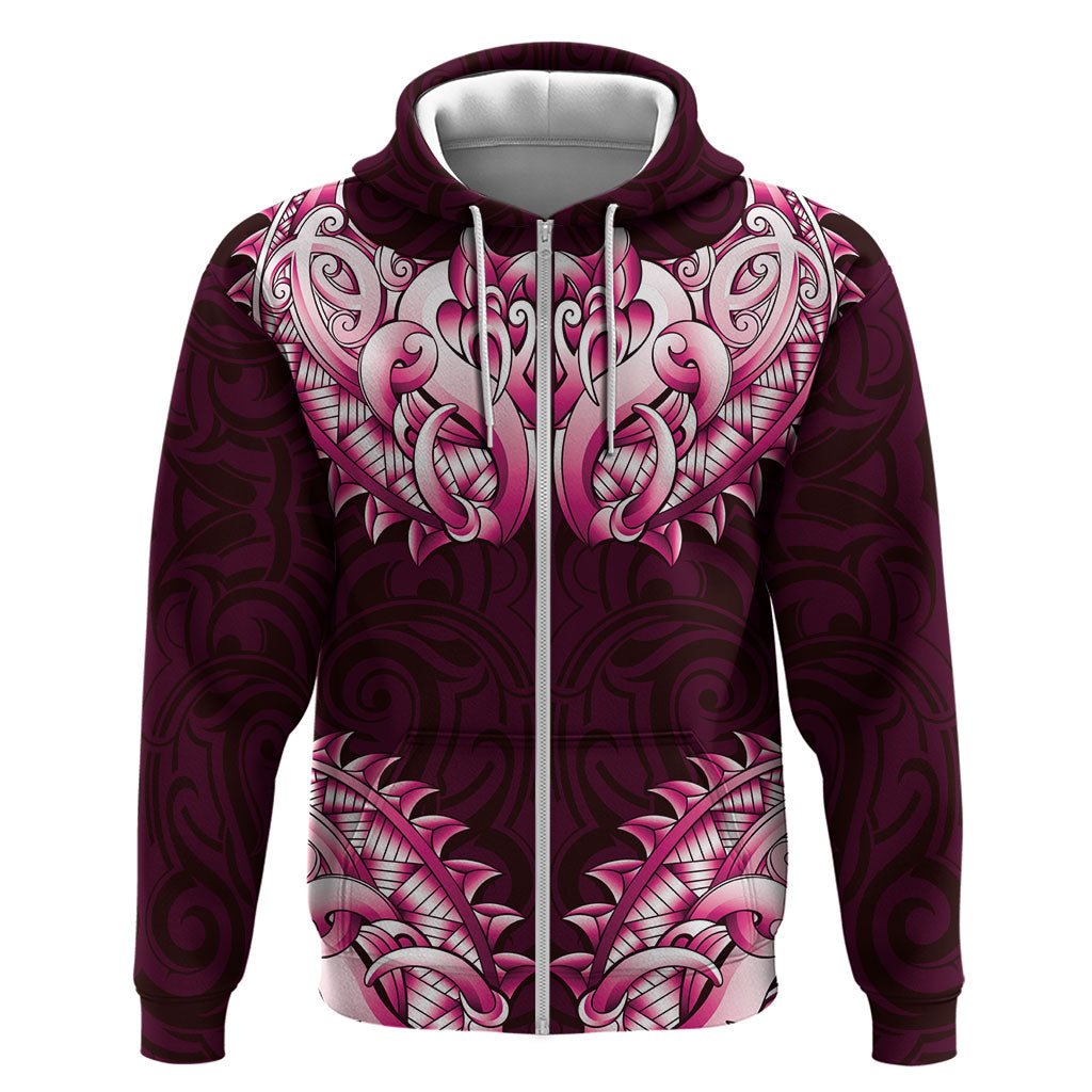 New Zealand Ta Moko Hoodie Aotearoa Maori Chest Tattoo Pink LT14 Zip Hoodie Pink - Polynesian Pride