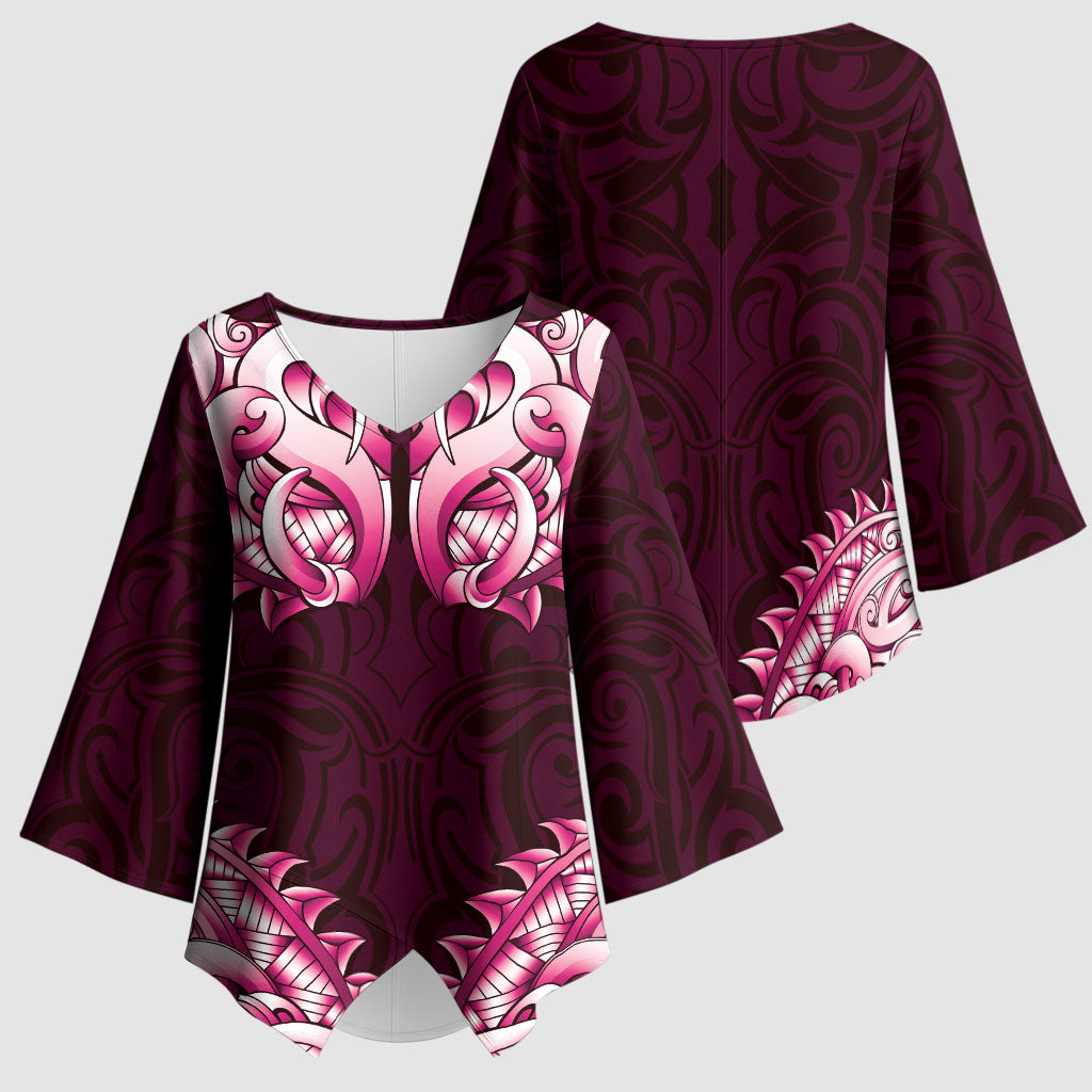New Zealand Ta Moko Kimono Sleeve Blouse Aotearoa Maori Chest Tattoo Pink LT14 - Polynesian Pride