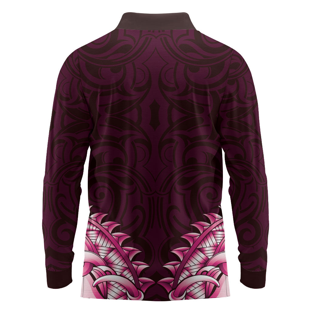 New Zealand Ta Moko Long Sleeve Polo Shirt Aotearoa Maori Chest Tattoo Pink LT14 - Polynesian Pride