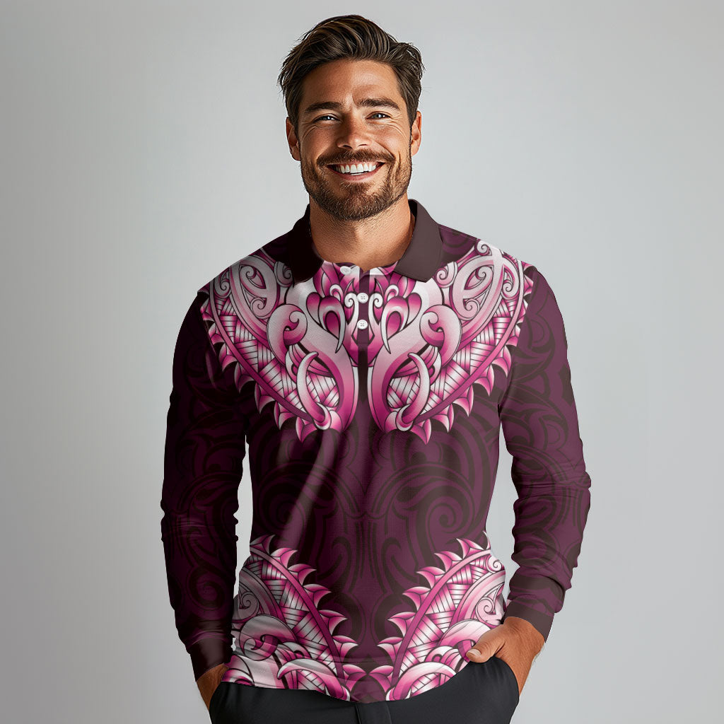 New Zealand Ta Moko Long Sleeve Polo Shirt Aotearoa Maori Chest Tattoo Pink LT14 - Polynesian Pride