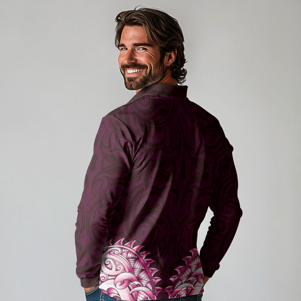 New Zealand Ta Moko Long Sleeve Polo Shirt Aotearoa Maori Chest Tattoo Pink LT14 - Polynesian Pride