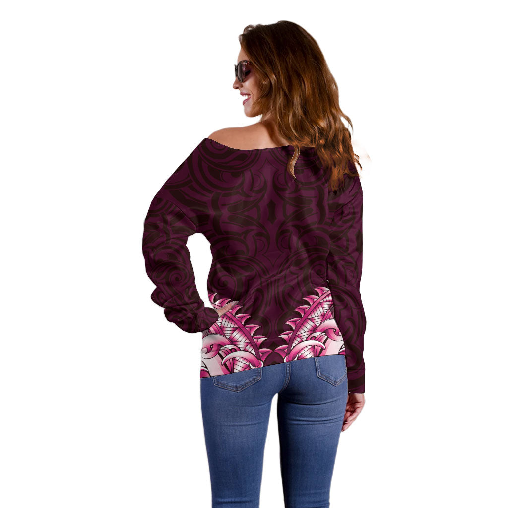New Zealand Ta Moko Off Shoulder Sweater Aotearoa Maori Chest Tattoo Pink LT14 - Polynesian Pride