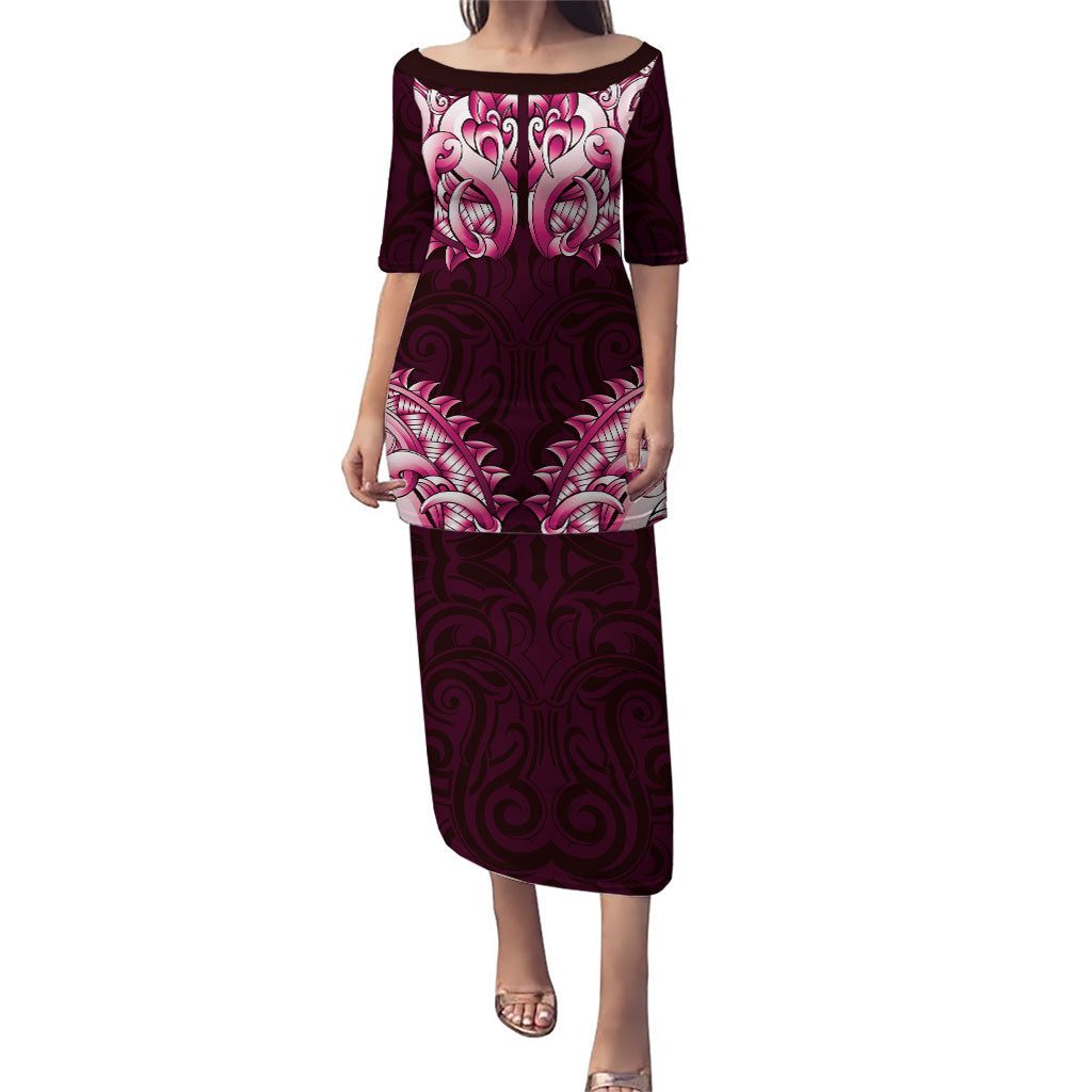 New Zealand Ta Moko Puletasi Aotearoa Maori Chest Tattoo Pink LT14 Long Dress Pink - Polynesian Pride