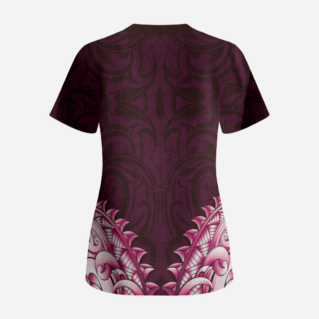 New Zealand Ta Moko Scrub Top Aotearoa Maori Chest Tattoo Pink LT14 - Polynesian Pride