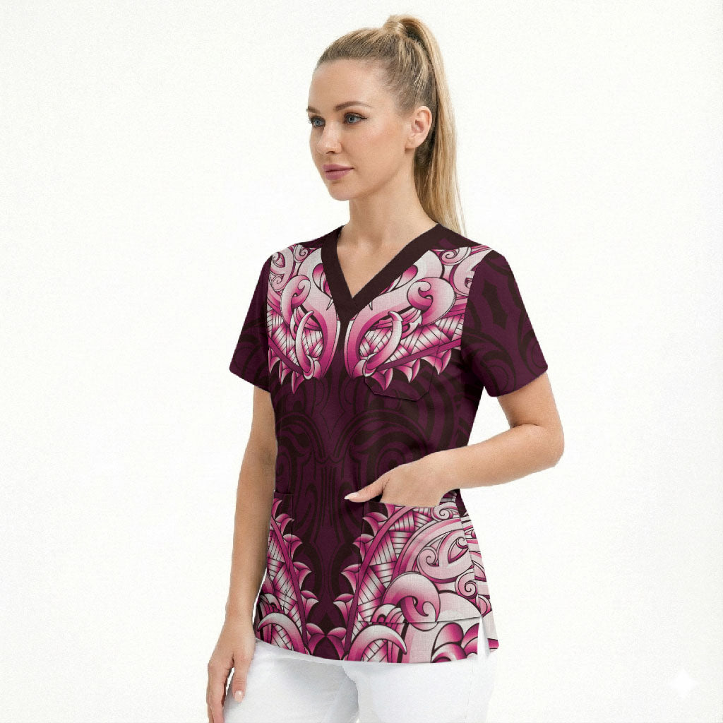 New Zealand Ta Moko Scrub Top Aotearoa Maori Chest Tattoo Pink LT14 - Polynesian Pride