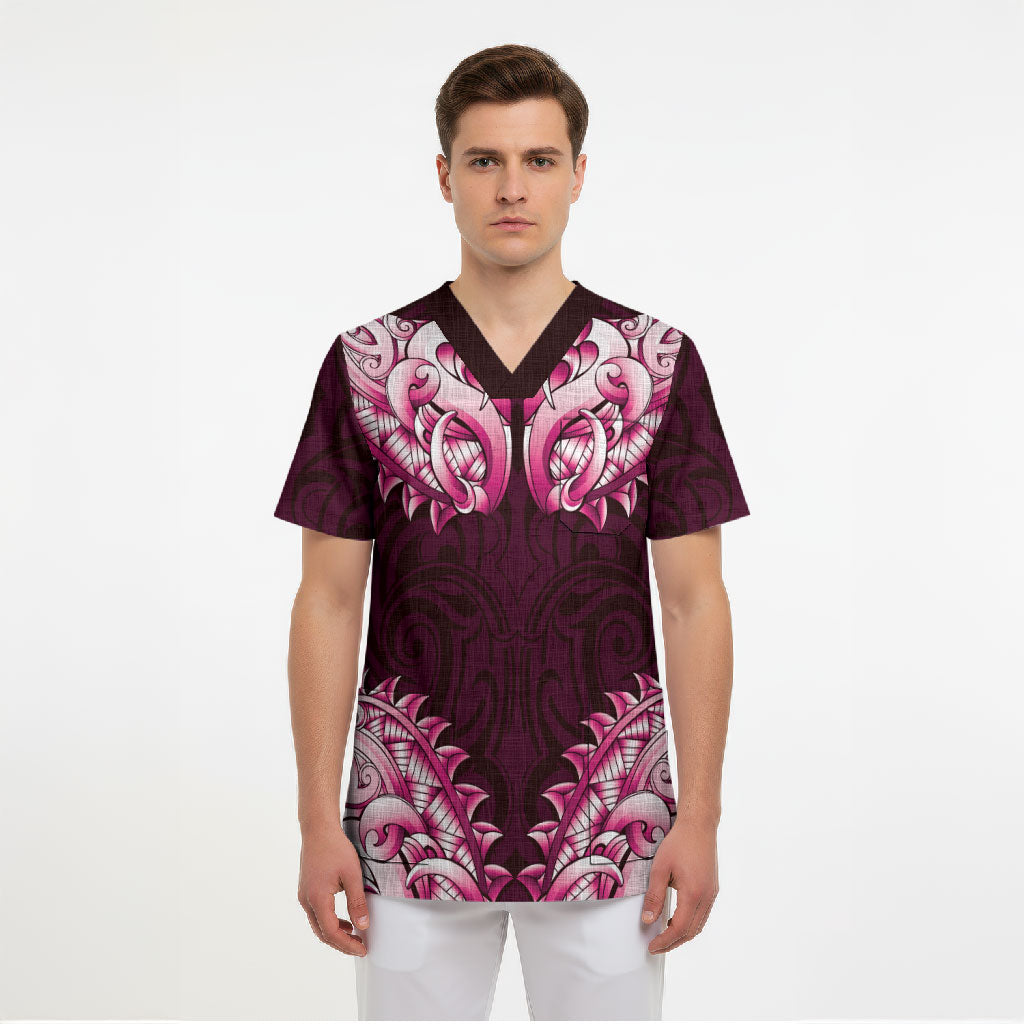 New Zealand Ta Moko Scrub Top Aotearoa Maori Chest Tattoo Pink LT14 - Polynesian Pride