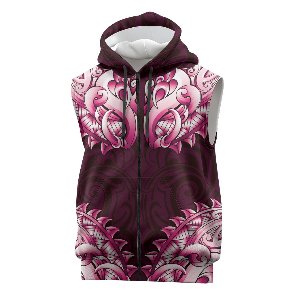 New Zealand Ta Moko Sleeveless Zip Hoodie Aotearoa Maori Chest Tattoo Pink LT14 Pink - Polynesian Pride