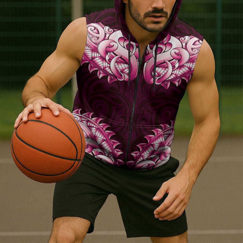 New Zealand Ta Moko Sleeveless Zip Hoodie Aotearoa Maori Chest Tattoo Pink LT14 - Polynesian Pride