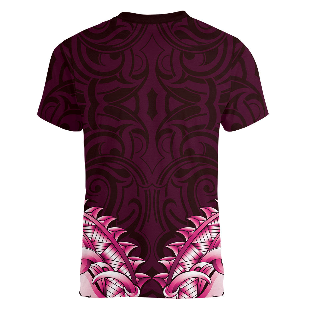 New Zealand Ta Moko Women V-Neck T-Shirt Aotearoa Maori Chest Tattoo Pink LT14 - Polynesian Pride