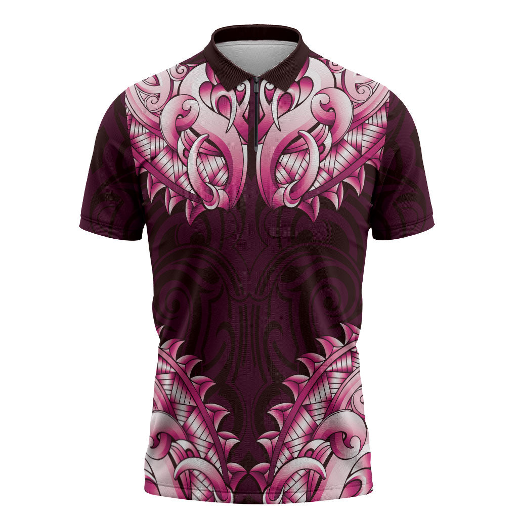 New Zealand Ta Moko Zipper Polo Shirt Aotearoa Maori Chest Tattoo Pink LT14 Pink - Polynesian Pride
