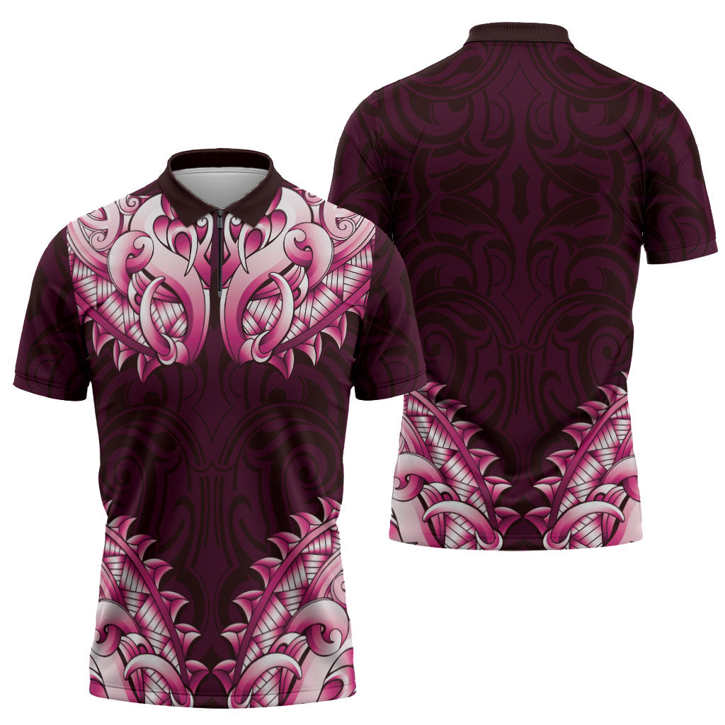New Zealand Ta Moko Zipper Polo Shirt Aotearoa Maori Chest Tattoo Pink LT14 - Polynesian Pride