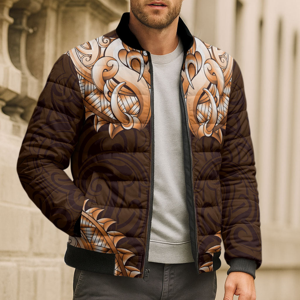 New Zealand Ta Moko Bomber Puffer Jacket Aotearoa Maori Chest Tattoo Orange LT14 - Polynesian Pride