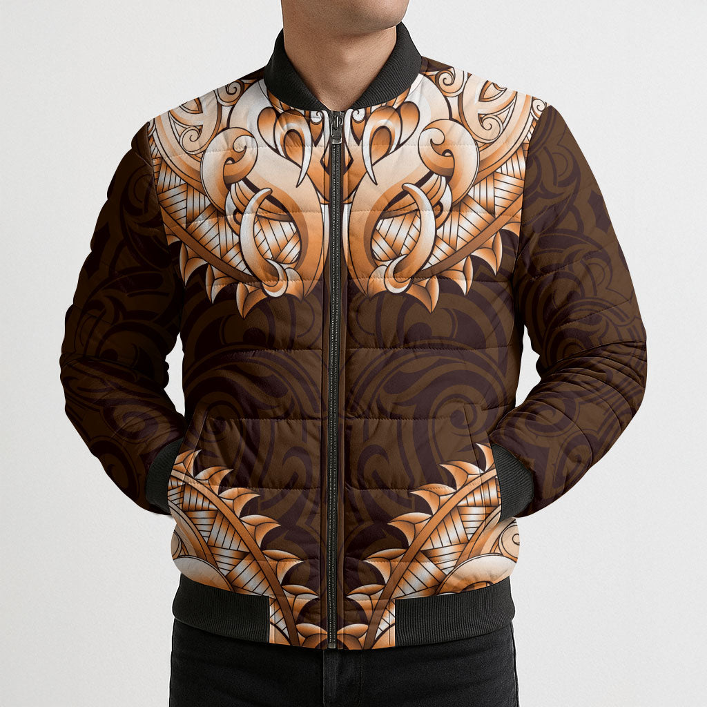 New Zealand Ta Moko Bomber Puffer Jacket Aotearoa Maori Chest Tattoo Orange LT14 - Polynesian Pride