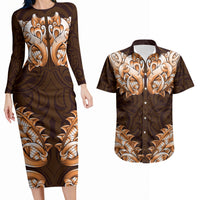 New Zealand Ta Moko Couples Matching Long Sleeve Bodycon Dress and Hawaiian Shirt Aotearoa Maori Chest Tattoo Orange LT14 Orange - Polynesian Pride