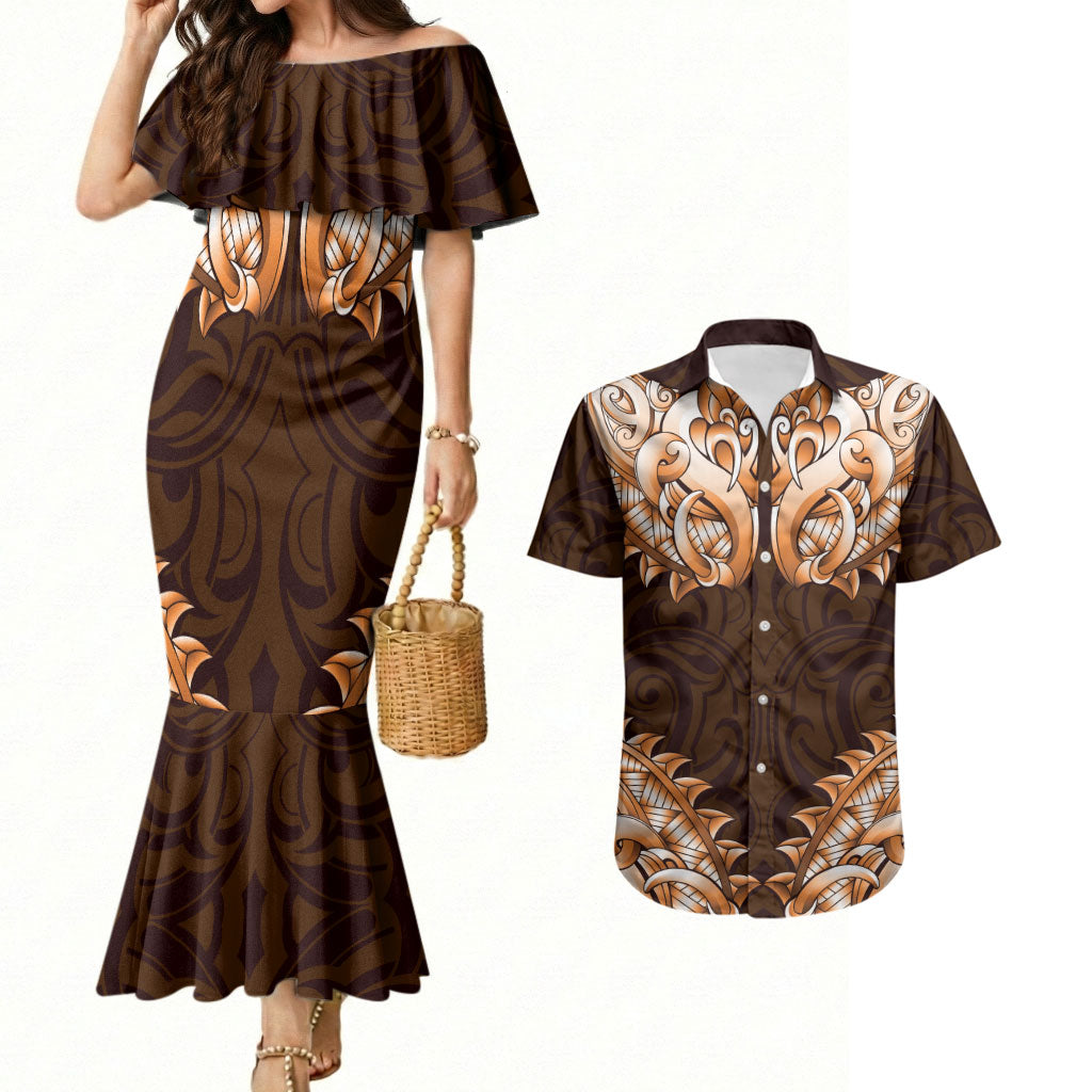 New Zealand Ta Moko Couples Matching Mermaid Dress and Hawaiian Shirt Aotearoa Maori Chest Tattoo Orange LT14 Orange - Polynesian Pride