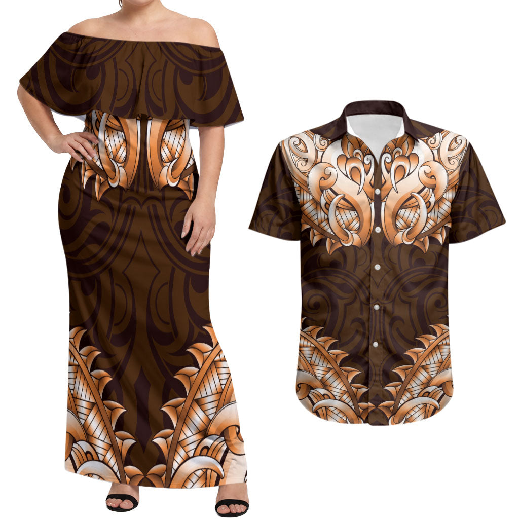 New Zealand Ta Moko Couples Matching Off Shoulder Maxi Dress and Hawaiian Shirt Aotearoa Maori Chest Tattoo Orange LT14 Orange - Polynesian Pride