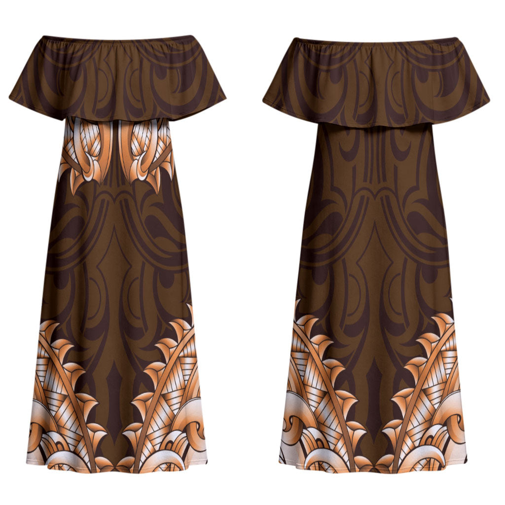 New Zealand Ta Moko Couples Matching Off Shoulder Maxi Dress and Hawaiian Shirt Aotearoa Maori Chest Tattoo Orange LT14 - Polynesian Pride