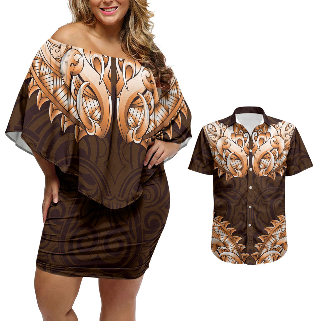 New Zealand Ta Moko Couples Matching Off Shoulder Short Dress and Hawaiian Shirt Aotearoa Maori Chest Tattoo Orange LT14 Orange - Polynesian Pride