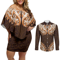 New Zealand Ta Moko Couples Matching Off Shoulder Short Dress and Long Sleeve Button Shirt Aotearoa Maori Chest Tattoo Orange LT14 Orange - Polynesian Pride