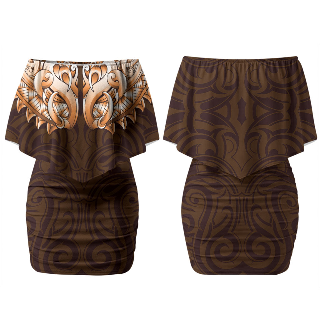 New Zealand Ta Moko Couples Matching Off Shoulder Short Dress and Long Sleeve Button Shirt Aotearoa Maori Chest Tattoo Orange LT14 - Polynesian Pride