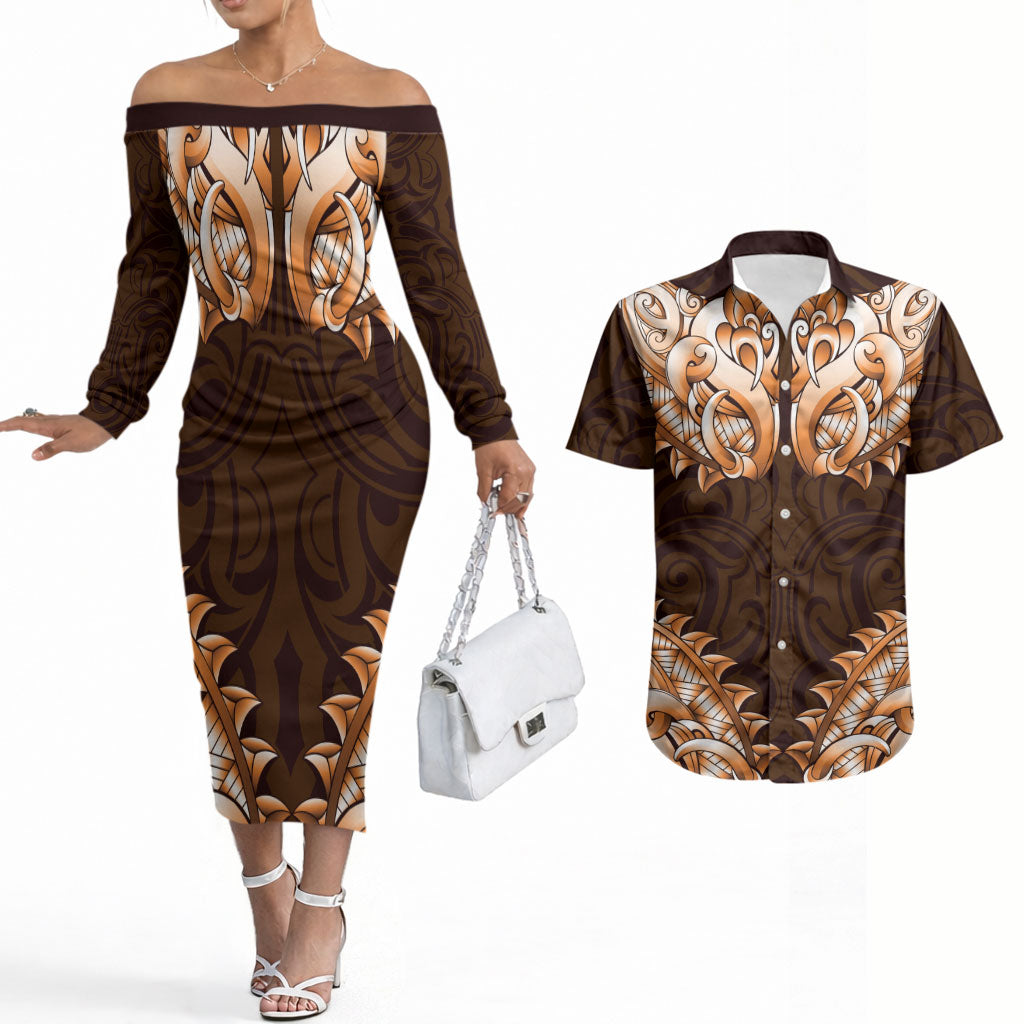 New Zealand Ta Moko Couples Matching Off The Shoulder Long Sleeve Dress and Hawaiian Shirt Aotearoa Maori Chest Tattoo Orange LT14 Orange - Polynesian Pride