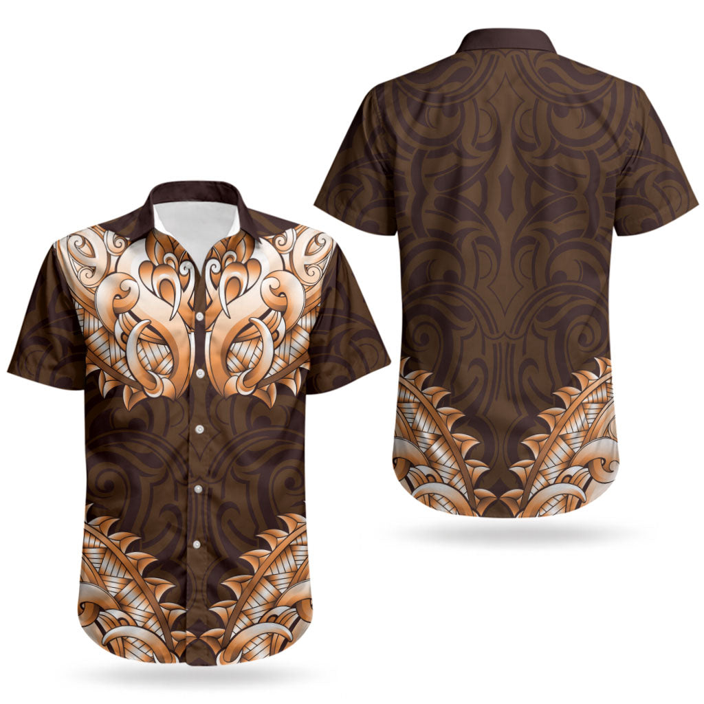 New Zealand Ta Moko Couples Matching Off The Shoulder Long Sleeve Dress and Hawaiian Shirt Aotearoa Maori Chest Tattoo Orange LT14 - Polynesian Pride