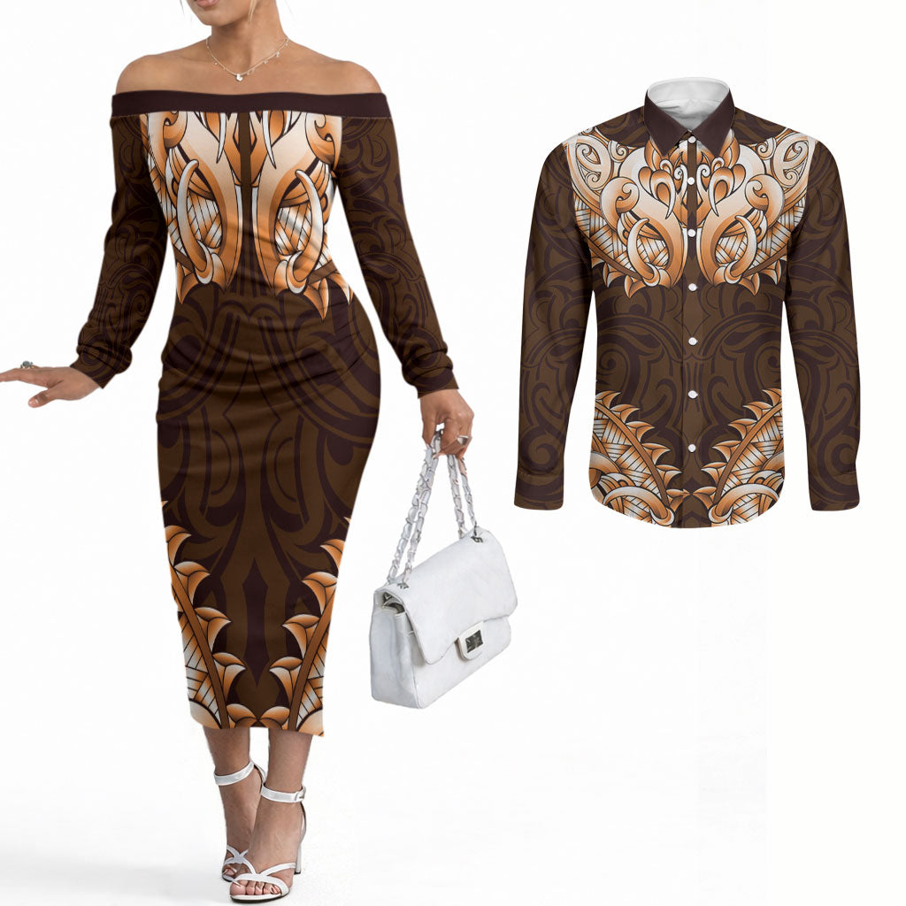 New Zealand Ta Moko Couples Matching Off The Shoulder Long Sleeve Dress and Long Sleeve Button Shirt Aotearoa Maori Chest Tattoo Orange LT14 Orange - Polynesian Pride
