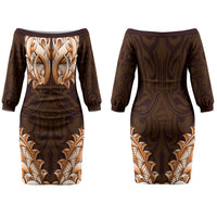 New Zealand Ta Moko Couples Matching Off The Shoulder Long Sleeve Dress and Long Sleeve Button Shirt Aotearoa Maori Chest Tattoo Orange LT14 - Polynesian Pride