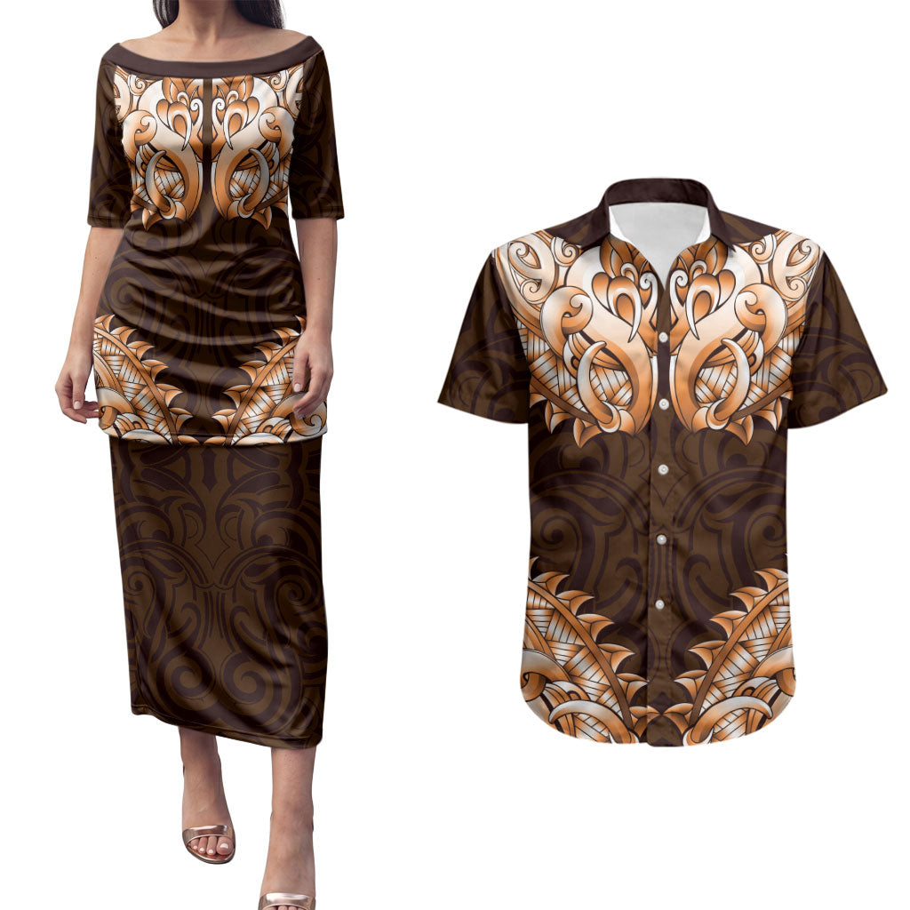 New Zealand Ta Moko Couples Matching Puletasi and Hawaiian Shirt Aotearoa Maori Chest Tattoo Orange LT14 Orange - Polynesian Pride