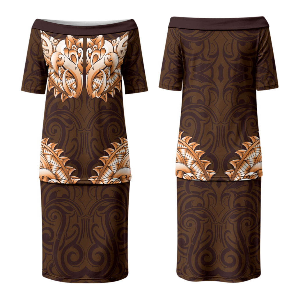 New Zealand Ta Moko Couples Matching Puletasi and Long Sleeve Button Shirt Aotearoa Maori Chest Tattoo Orange LT14 - Polynesian Pride