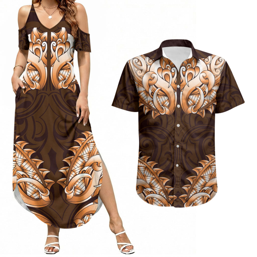 New Zealand Ta Moko Couples Matching Summer Maxi Dress and Hawaiian Shirt Aotearoa Maori Chest Tattoo Orange LT14 Orange - Polynesian Pride