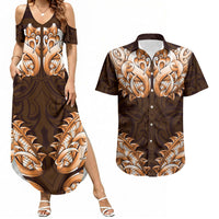 New Zealand Ta Moko Couples Matching Summer Maxi Dress and Hawaiian Shirt Aotearoa Maori Chest Tattoo Orange LT14 Orange - Polynesian Pride