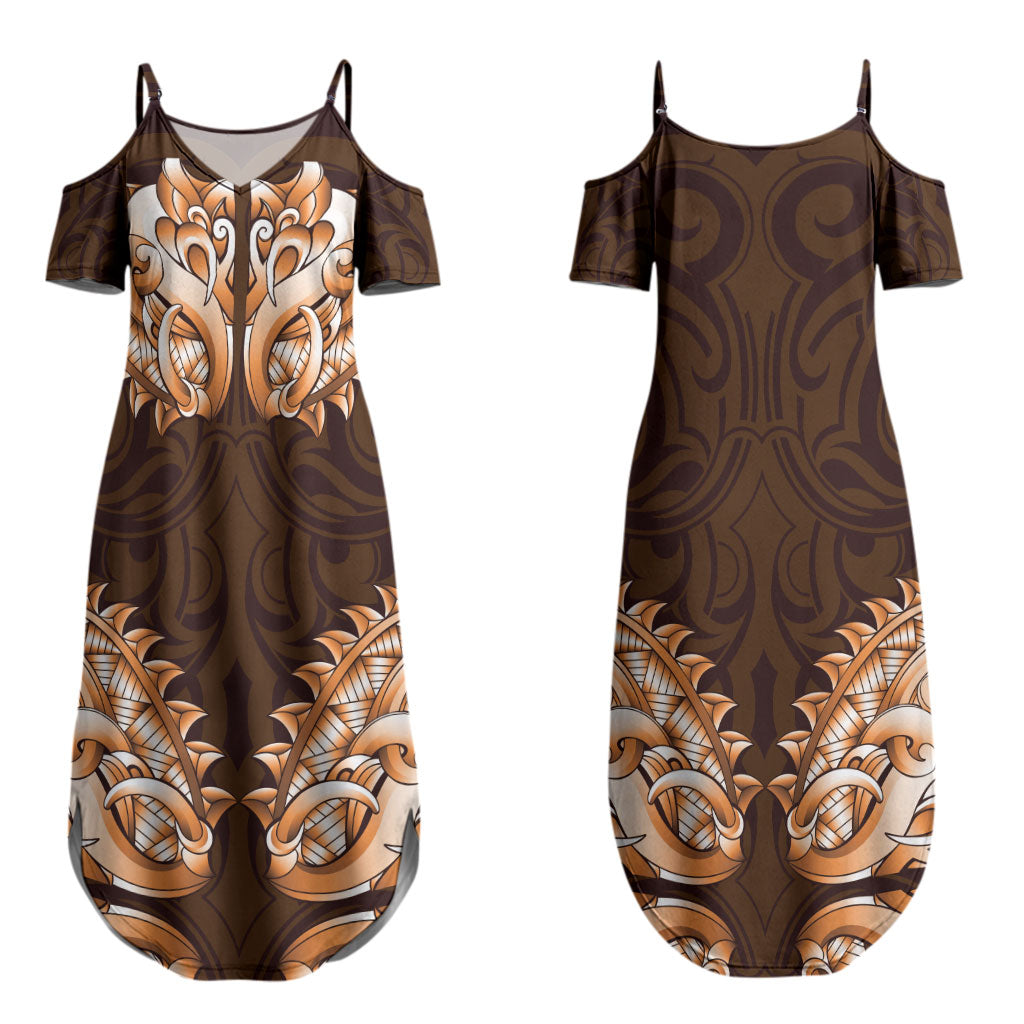 New Zealand Ta Moko Couples Matching Summer Maxi Dress and Hawaiian Shirt Aotearoa Maori Chest Tattoo Orange LT14 - Polynesian Pride