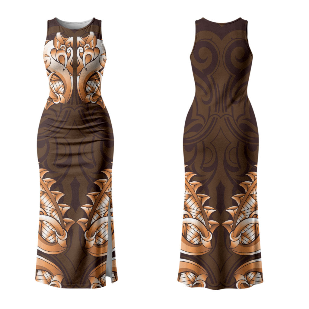 New Zealand Ta Moko Couples Matching Tank Maxi Dress and Long Sleeve Button Shirt Aotearoa Maori Chest Tattoo Orange LT14 - Polynesian Pride