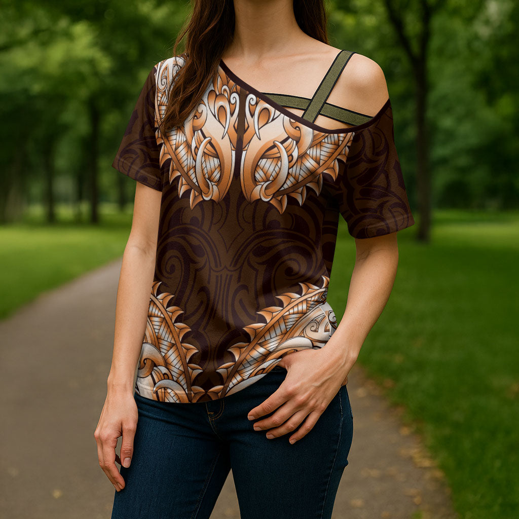 New Zealand Ta Moko Cross Shoulder Shirt Aotearoa Maori Chest Tattoo Orange LT14 - Polynesian Pride