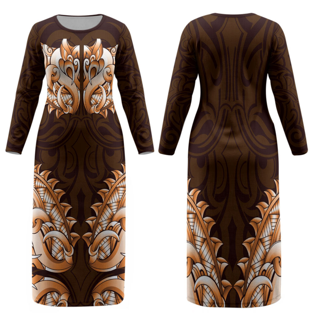 New Zealand Ta Moko Family Matching Long Sleeve Bodycon Dress and Hawaiian Shirt Aotearoa Maori Chest Tattoo Orange LT14 Mom's Dress Orange - Polynesian Pride