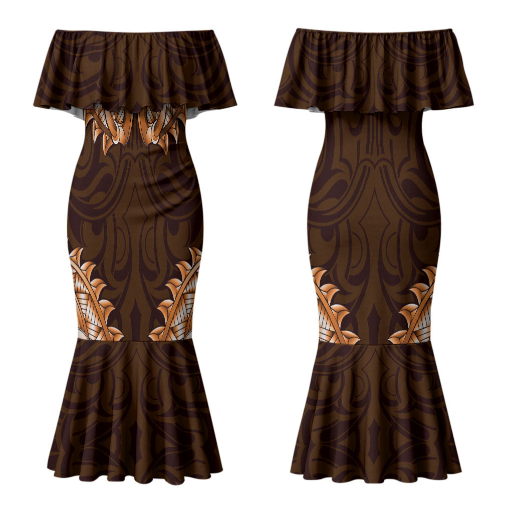 New Zealand Ta Moko Family Matching Mermaid Dress and Hawaiian Shirt Aotearoa Maori Chest Tattoo Orange LT14 Mom's Dress Orange - Polynesian Pride