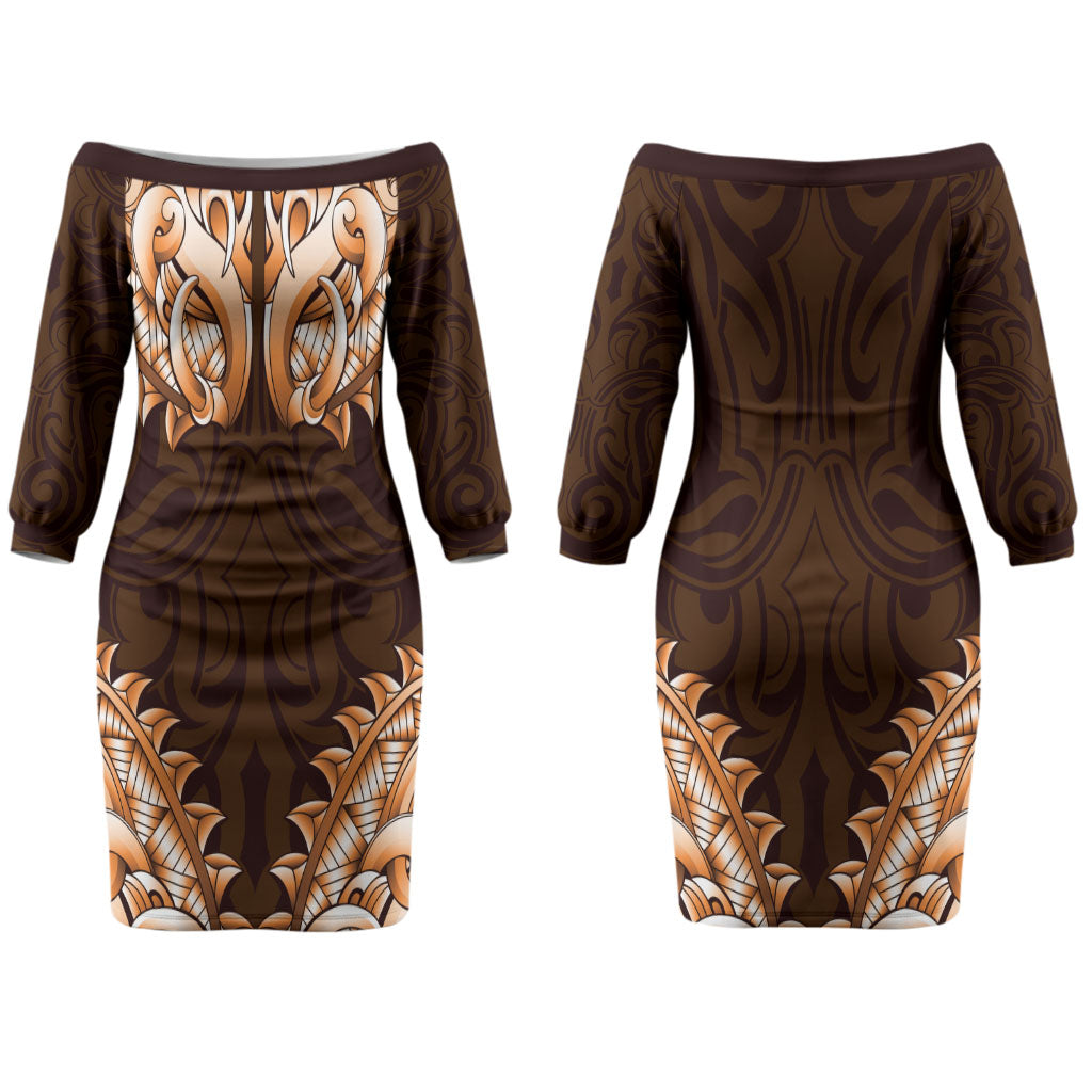 New Zealand Ta Moko Family Matching Off The Shoulder Long Sleeve Dress and Hawaiian Shirt Aotearoa Maori Chest Tattoo Orange LT14 Mom's Dress Orange - Polynesian Pride