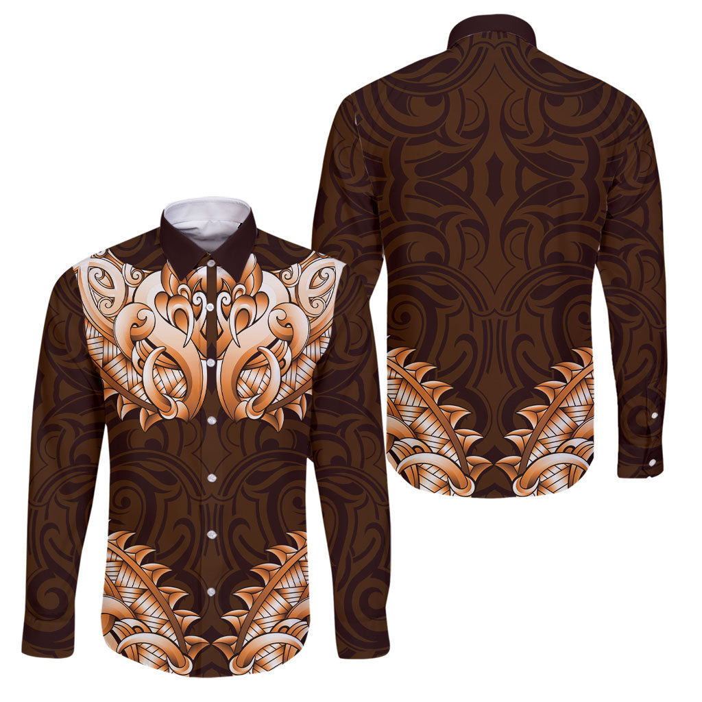 New Zealand Ta Moko Family Matching Off The Shoulder Long Sleeve Dress and Hawaiian Shirt Aotearoa Maori Chest Tattoo Orange LT14 Dad's Shirt - Long Sleeve Orange - Polynesian Pride