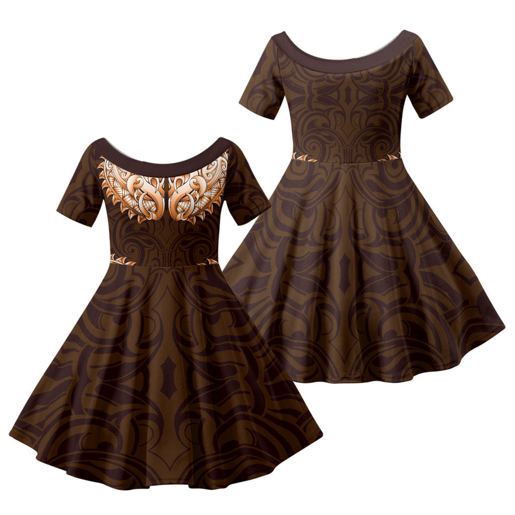 New Zealand Ta Moko Family Matching Off The Shoulder Long Sleeve Dress and Hawaiian Shirt Aotearoa Maori Chest Tattoo Orange LT14 Daughter's Dress Orange - Polynesian Pride