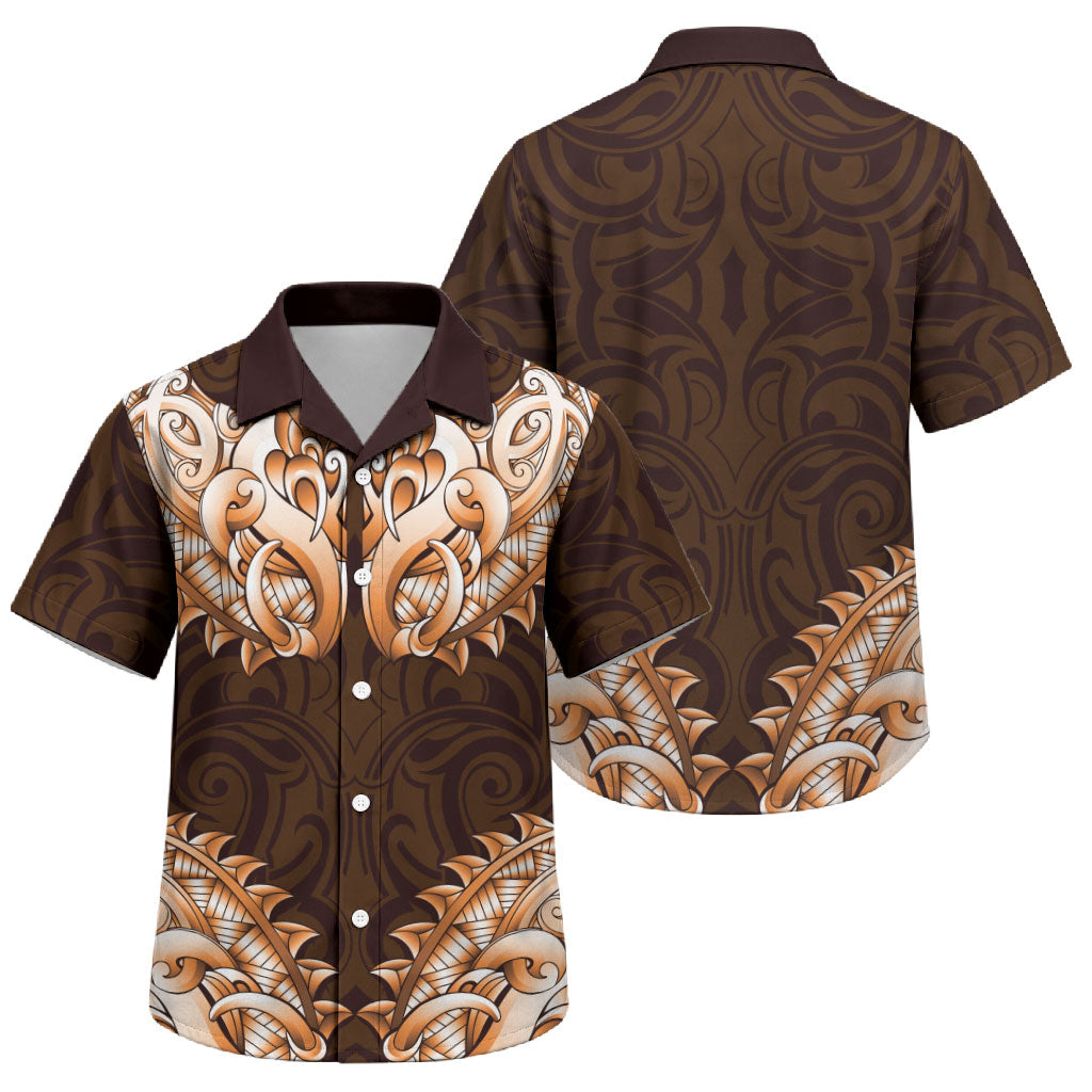 New Zealand Ta Moko Family Matching Off The Shoulder Long Sleeve Dress and Hawaiian Shirt Aotearoa Maori Chest Tattoo Orange LT14 Son's Shirt Orange - Polynesian Pride