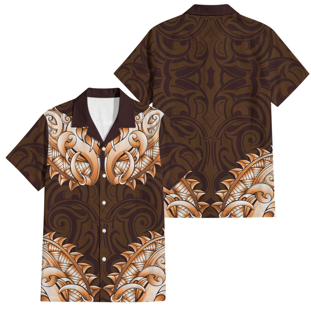 New Zealand Ta Moko Family Matching Puletasi and Hawaiian Shirt Aotearoa Maori Chest Tattoo Orange LT14 Dad's Shirt - Short Sleeve Orange - Polynesian Pride
